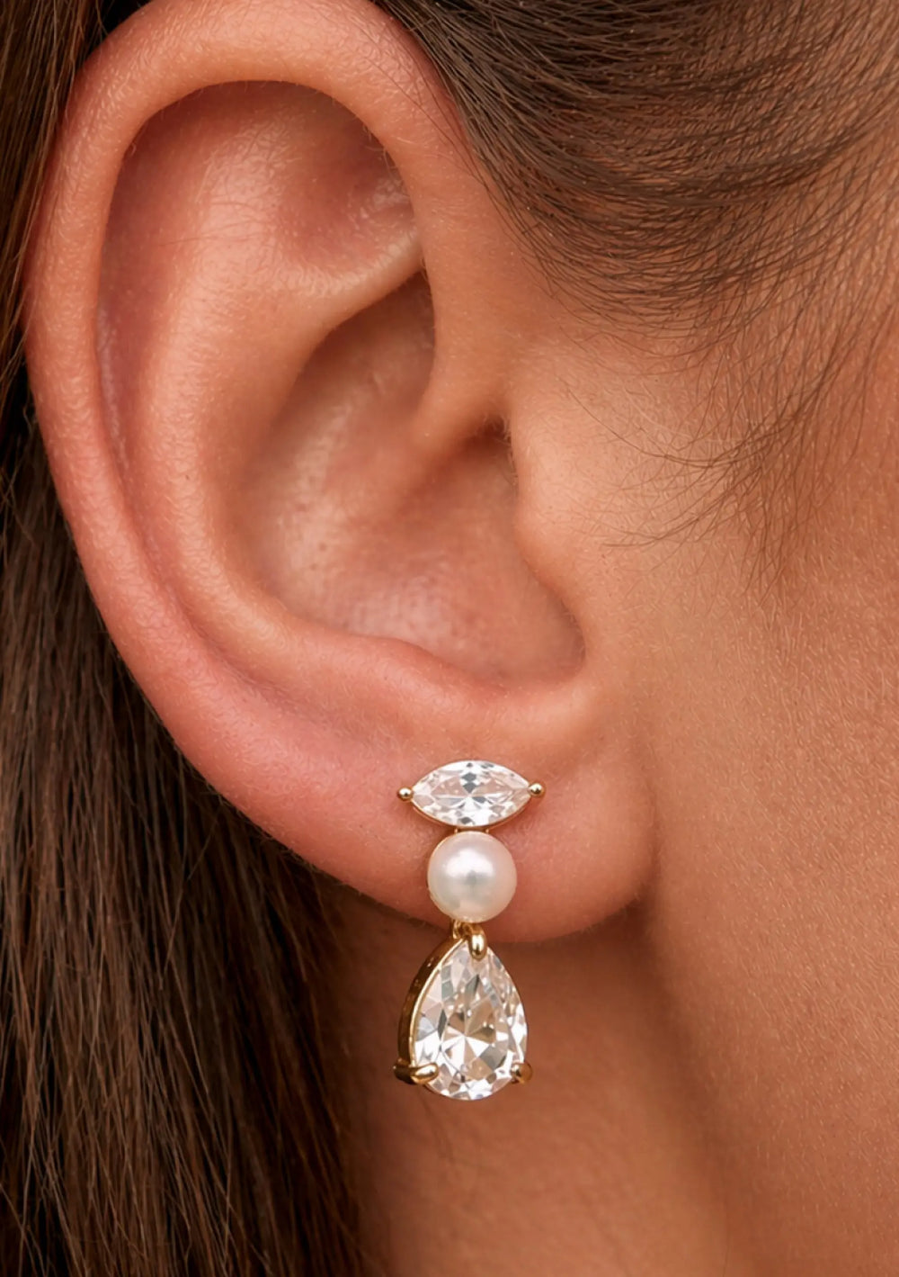 Estella crystal pearl drop bridal earrings in 18K gold designed for modern brides by Lolaknight