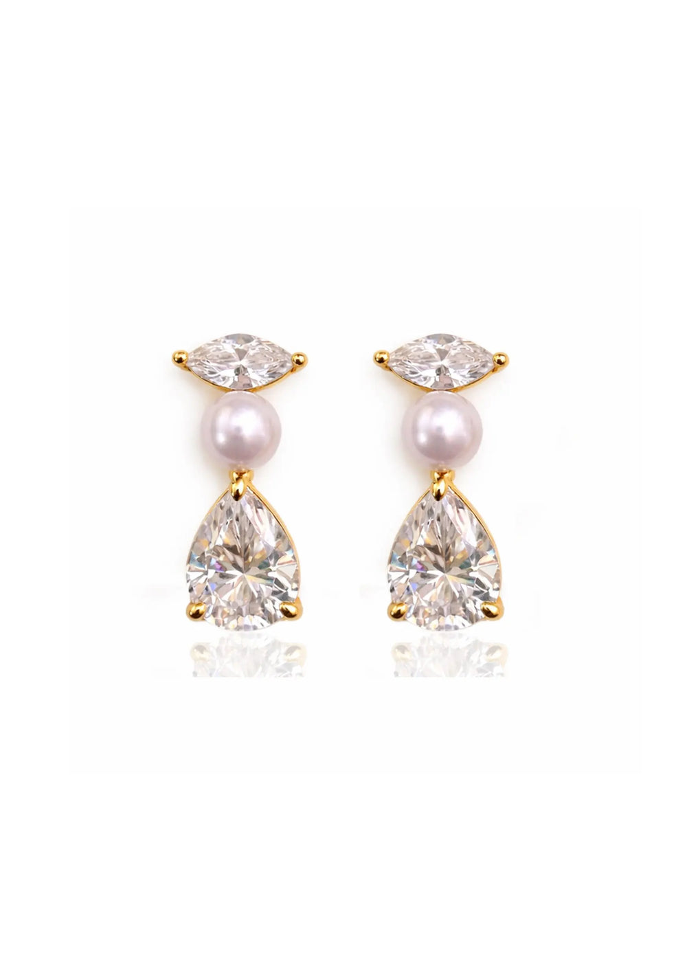 Estella crystal pearl drop bridal earrings in 18K gold designed for modern brides by Lolaknight