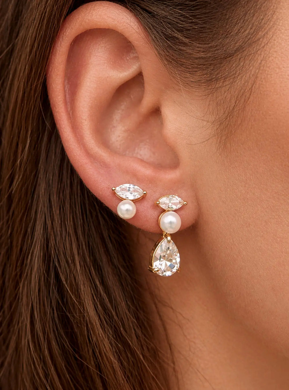 Estella crystal pearl drop bridal earrings in 18K gold designed for modern brides by Lolaknight