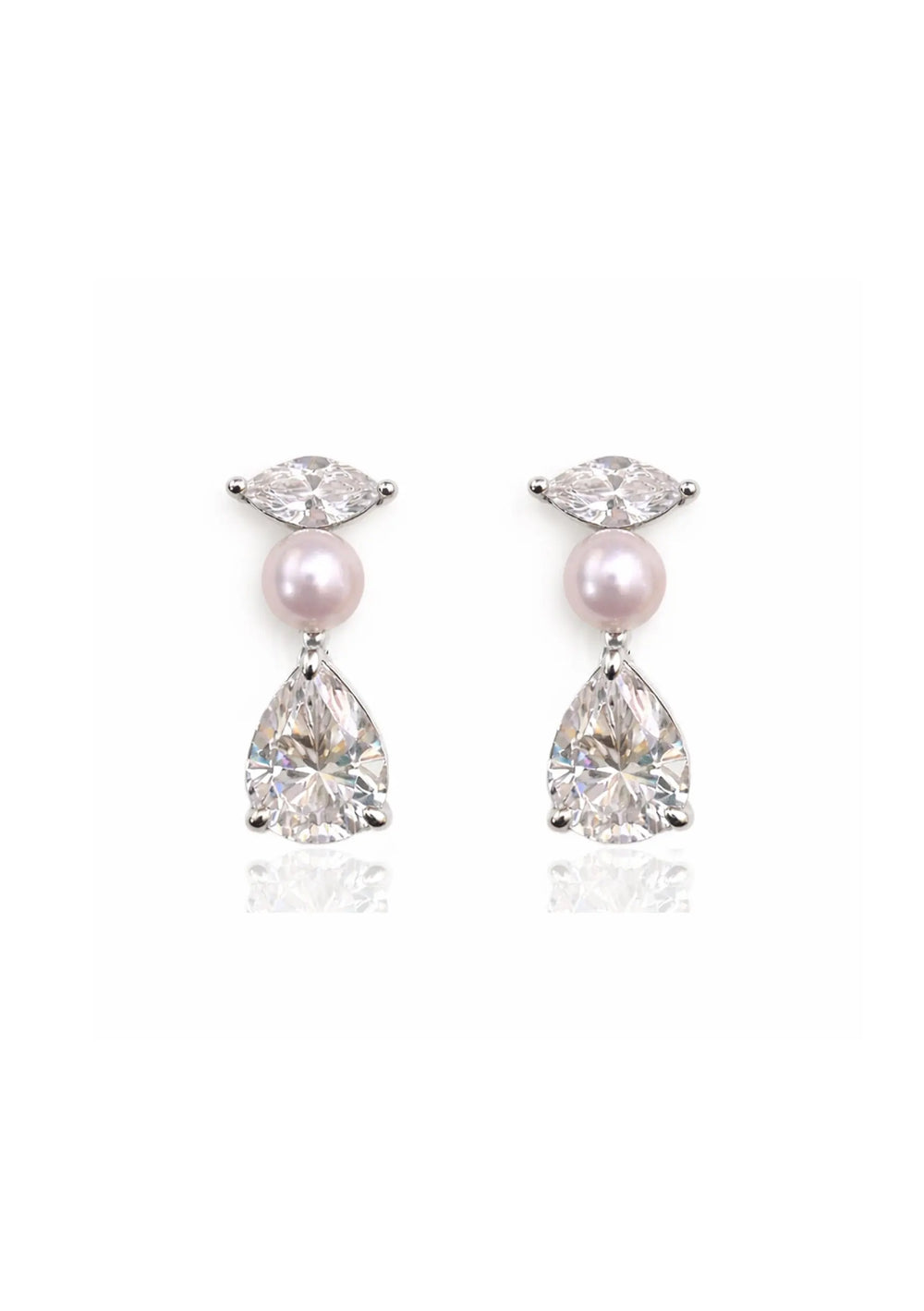 Silver crystal pearl bridal earrings designed for weddings, bridal receptions and modern bridal styling by Lolaknight