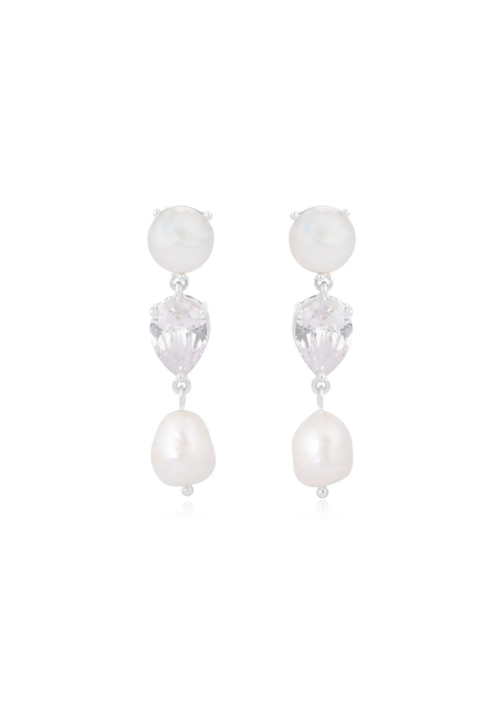 A pair of silver bridal earrings featuring freshwater pearls and pear-shaped cubic zirconia in a claw setting.