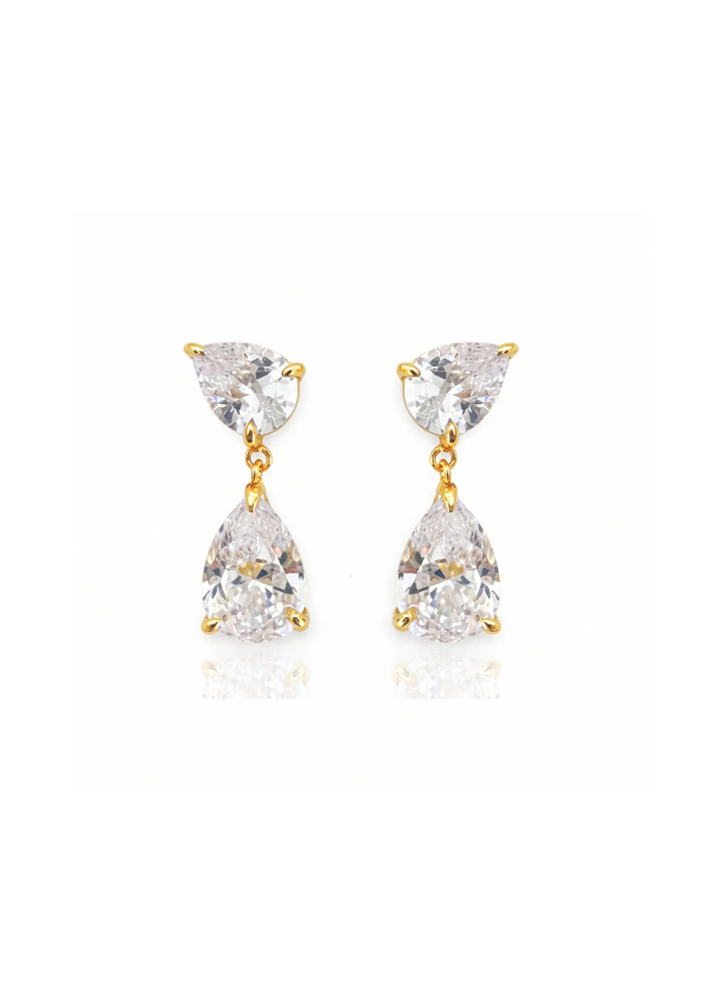 Gold crystal wedding earrings with elegant pear cut stones for brides and bridal celebrations