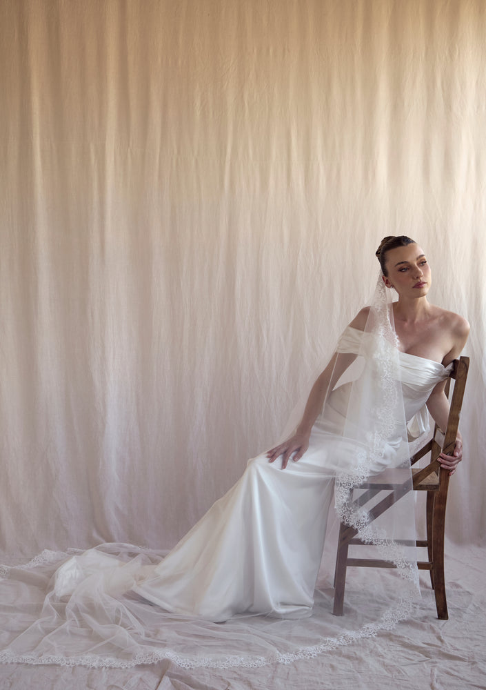 
                  
                    Load image into Gallery viewer, DANIELA IVORY MANTILLA LACE WEDDING VEIL
                  
                