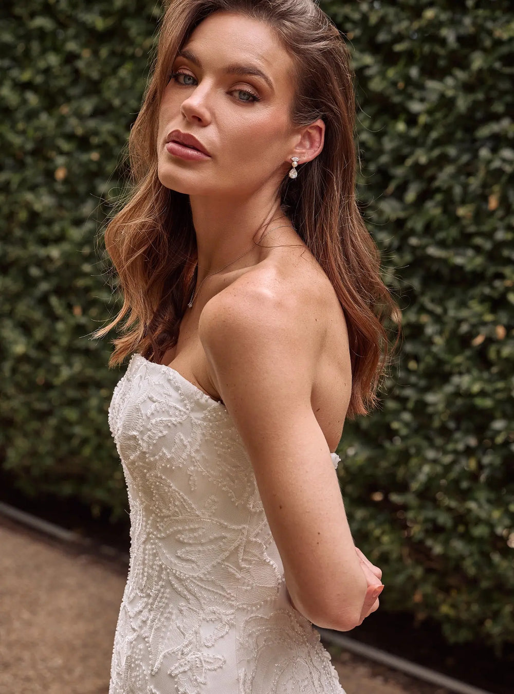 Estella silver bridal drop earrings with crystal and pearl detailing for modern brides by Lolaknight