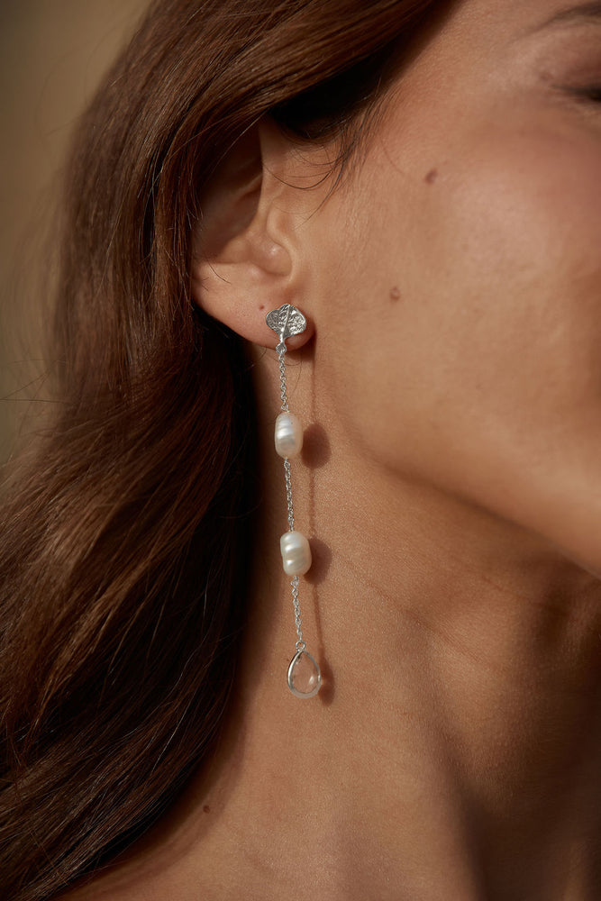Silver pearl bridal earrings