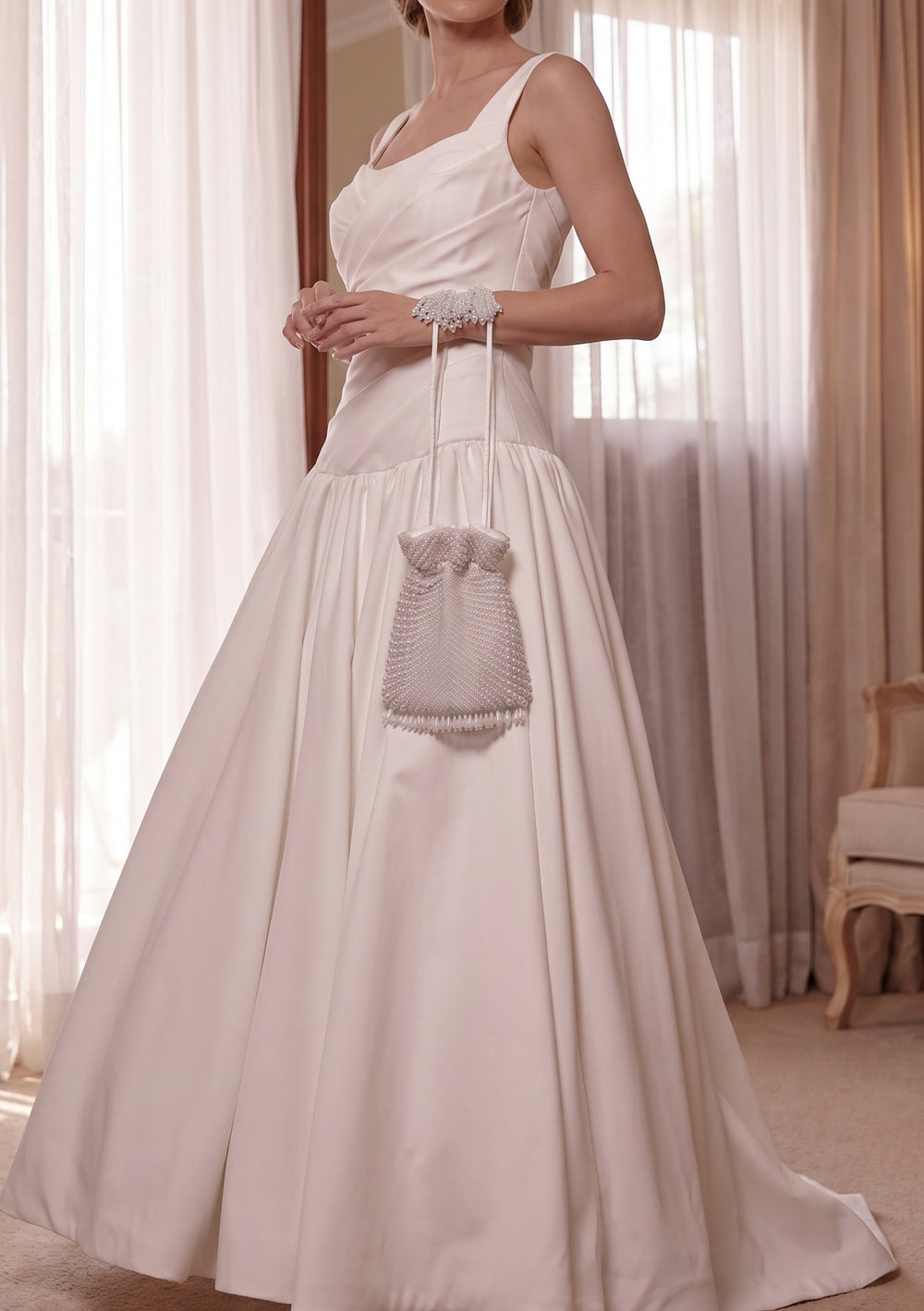 Stunning Modern hand beaded White pearl bridal bag