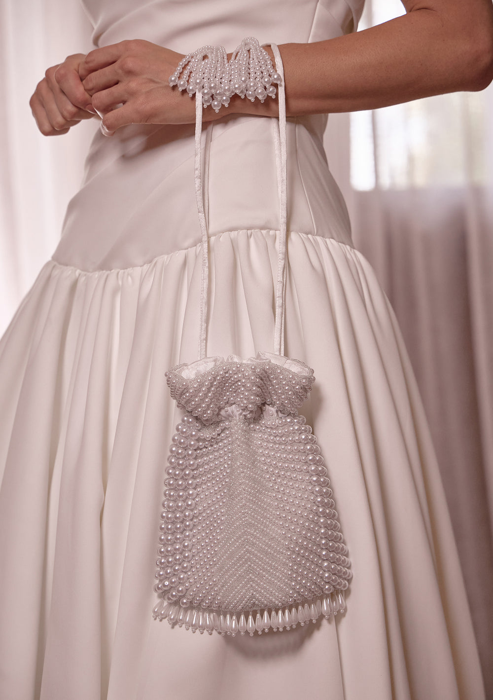 Modern hand beaded White pearl bridal bag