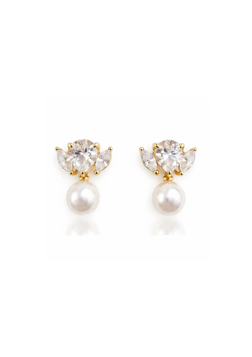 Maris statement bridal drop earrings in 18K gold with pear cut crystals and pearl detailing by Lolaknight