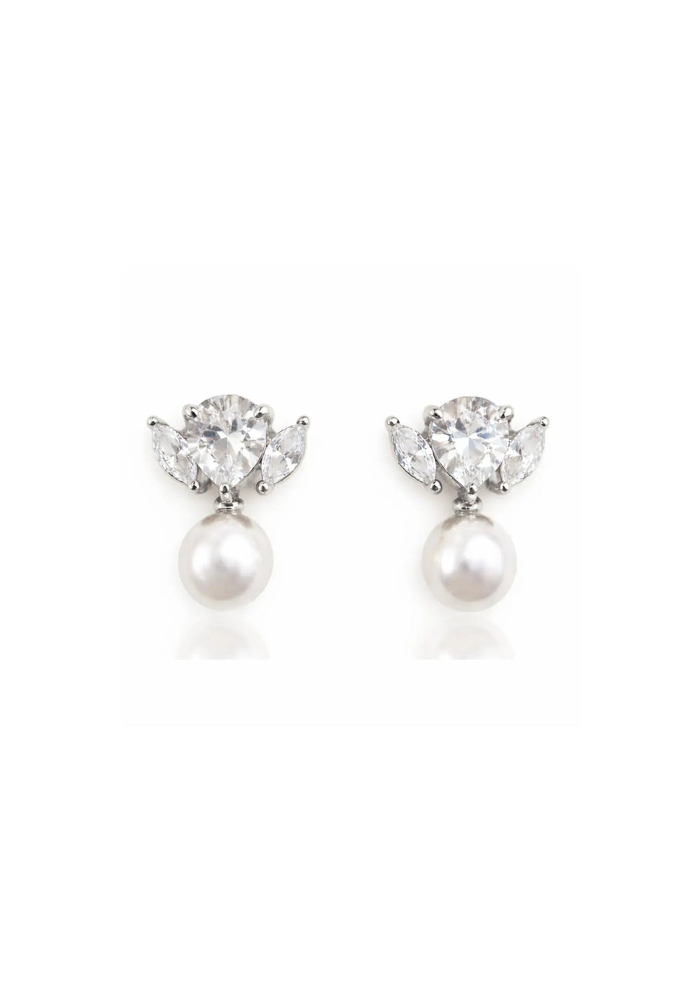 Maris statement bridal drop earrings in silver with pear cut crystals and pearl detailing by Lolaknight