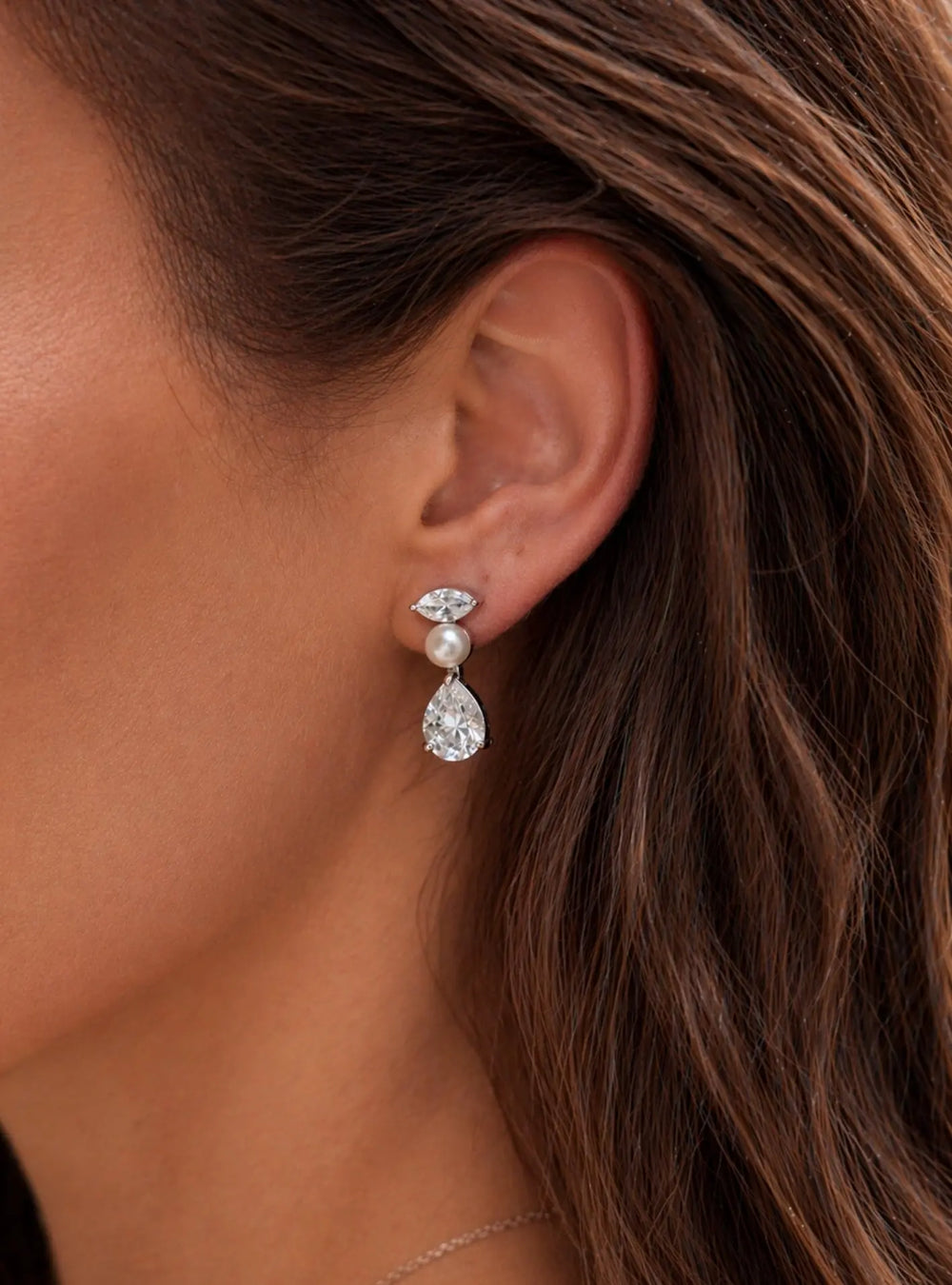 Estella statement bridal earrings in sterling silver with pearl drops and cubic zirconia crystals