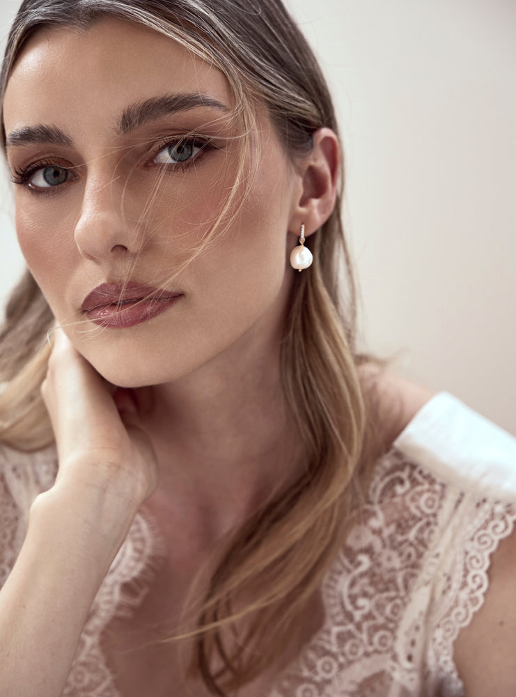 
                  
                    Load image into Gallery viewer, RAMONA CRYSTAL HOOP PEARL DROP EARRINGS 18K GOLD
                  
                