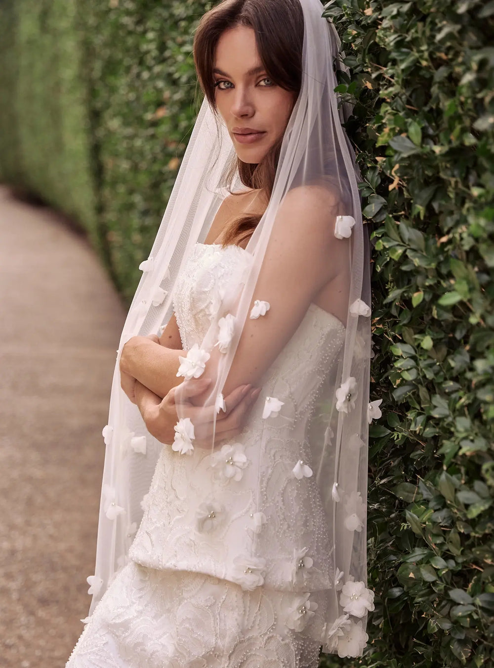 Pearl bridal veil in ivory tulle designed for modern brides and timeless wedding looks