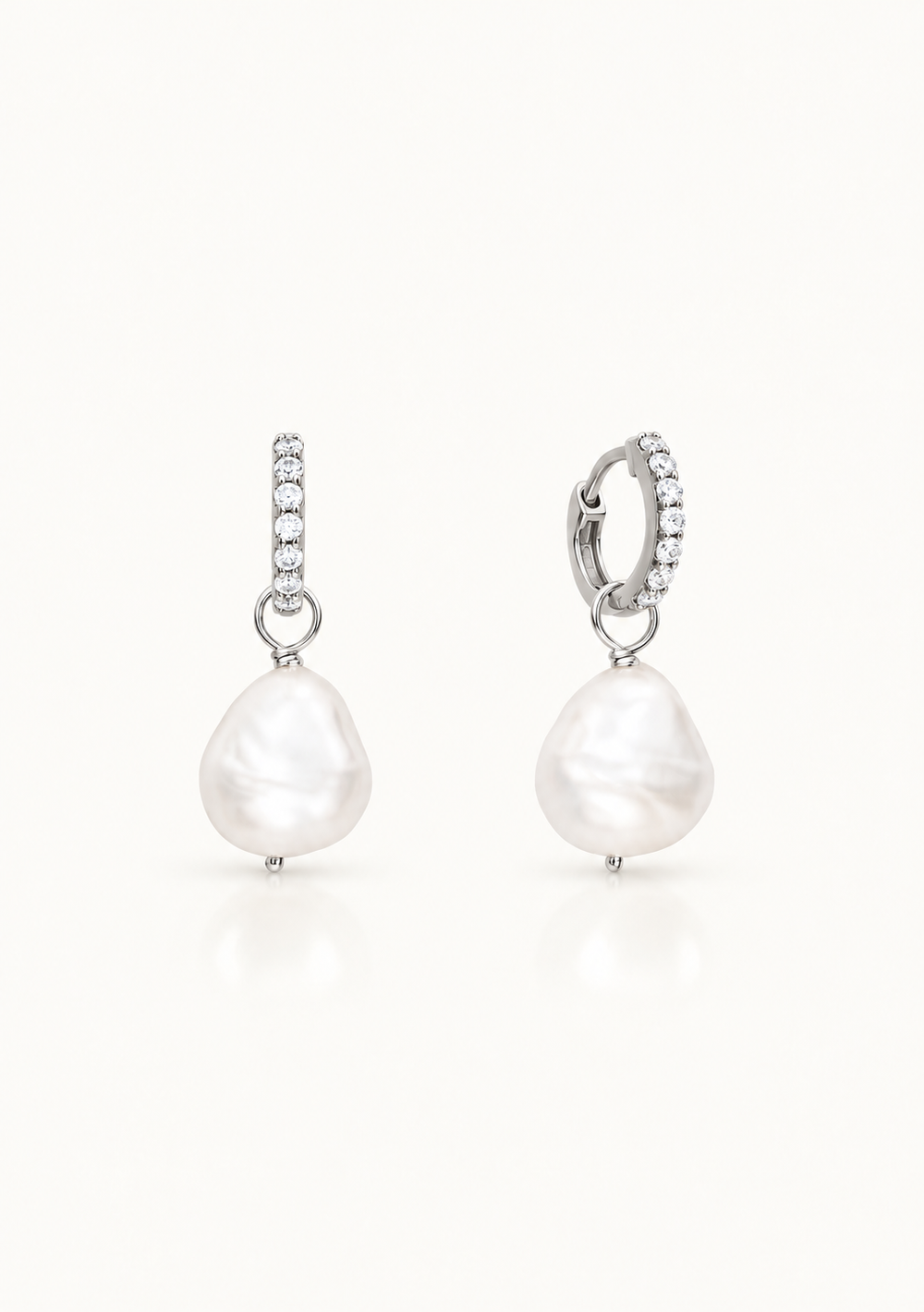 Silver crystal and pearl hoop bridal earrings for the modern bride. Minimal classic pearl drops. 