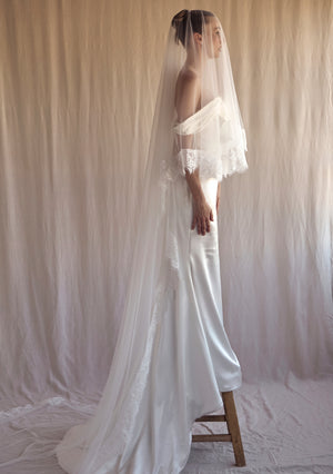 
                  
                    Load image into Gallery viewer, STEVIE IVORY MANTILLA LACE WEDDING VEIL
                  
                