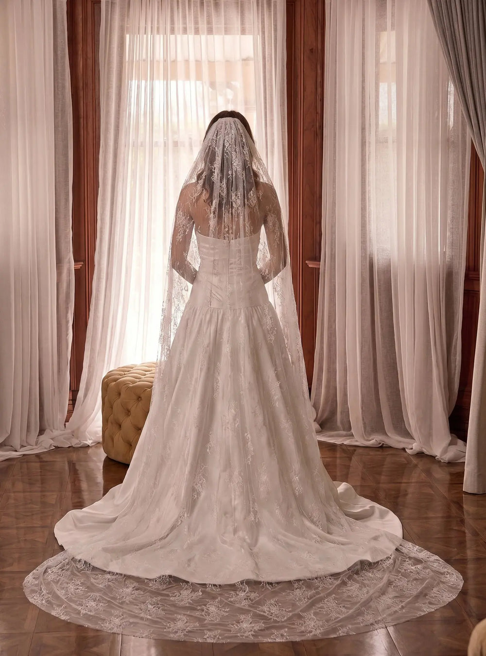 Florence cathedral lace veil with elegant embroidered lace detailing for timeless bridal styling