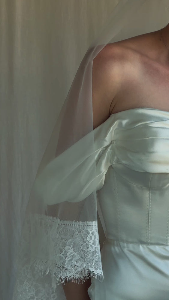 
                  
                    Load and play video in Gallery viewer, STEVIE IVORY MANTILLA LACE WEDDING VEIL
                  
                