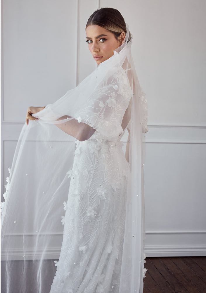 Gabriella - Ivory Lace Pearl Bridal Veil Australia 